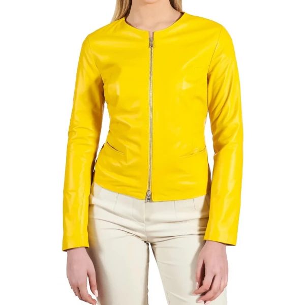 Round Neck Yellow Leather Jacket
