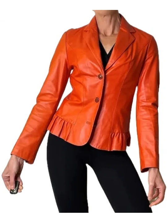Ruffled Hem Orange Leather Jacket