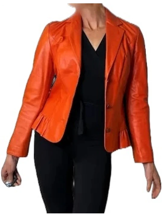 Ruffled Hem Orange Leather Jacket