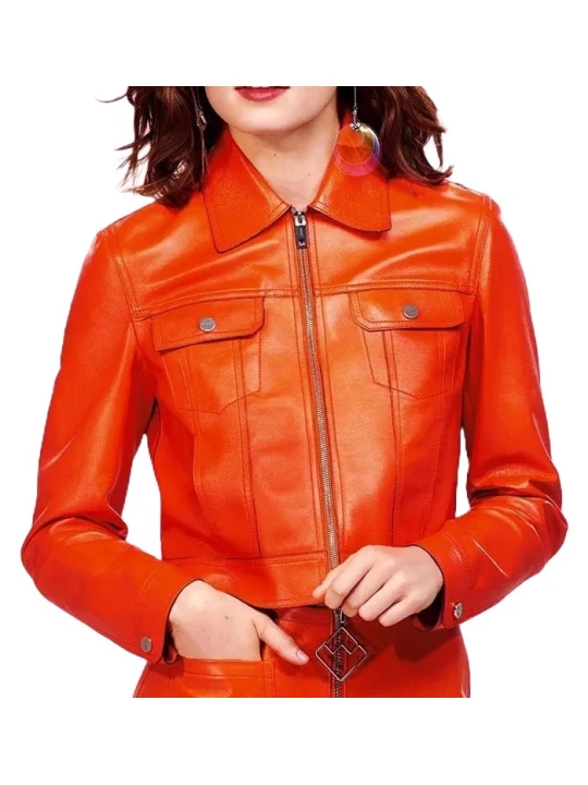 Spread Collar Orange Leather Jacket