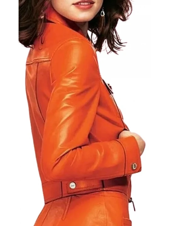 Spread Collar Orange Leather Jacket