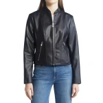 Stand Collar Black Leather Jacket