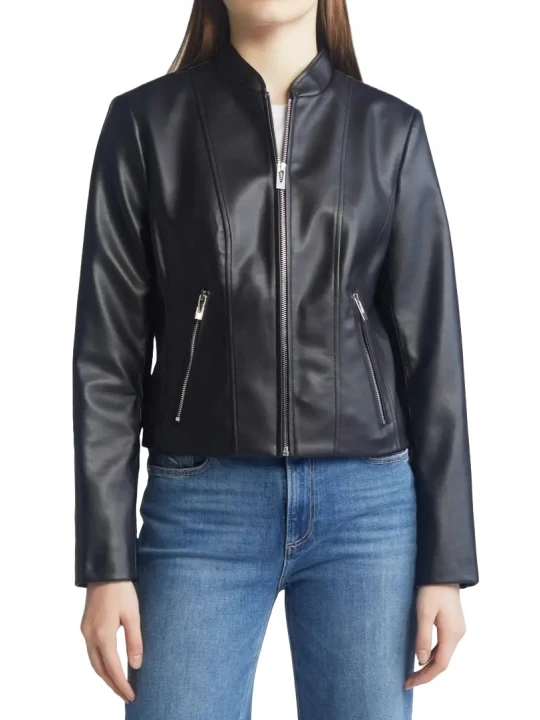 Stand Collar Black Leather Jacket