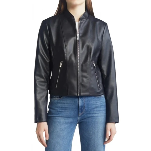 Stand Collar Black Leather Jacket
