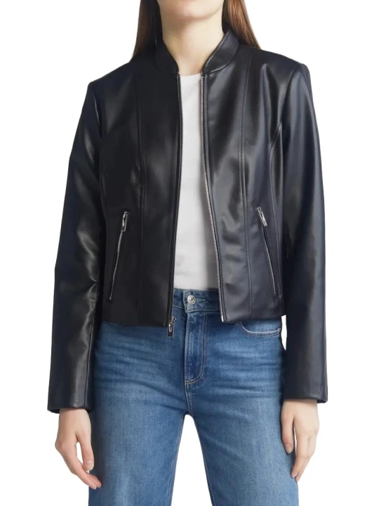 Stand Collar Black Leather Jacket