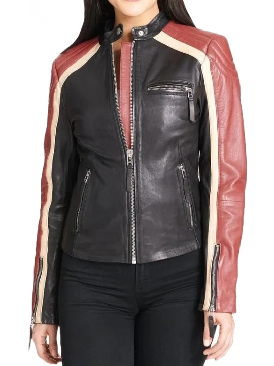 Strips Detailing Black Leather Jacket