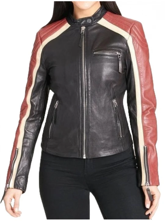 Strips Detailing Black Leather Jacket