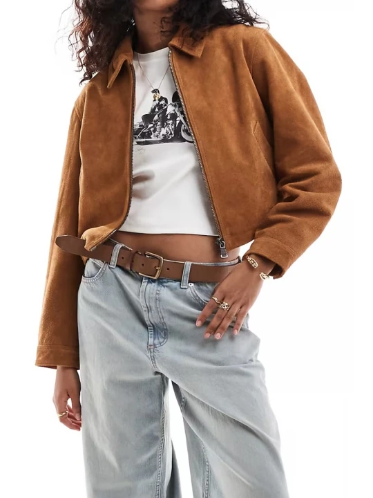 Suede Leather Cropped Jacket In Tan