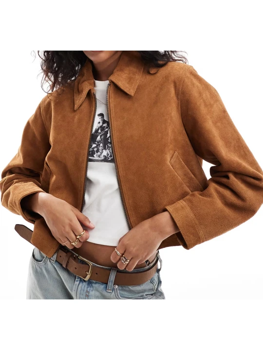 Suede Leather Cropped Jacket In Tan