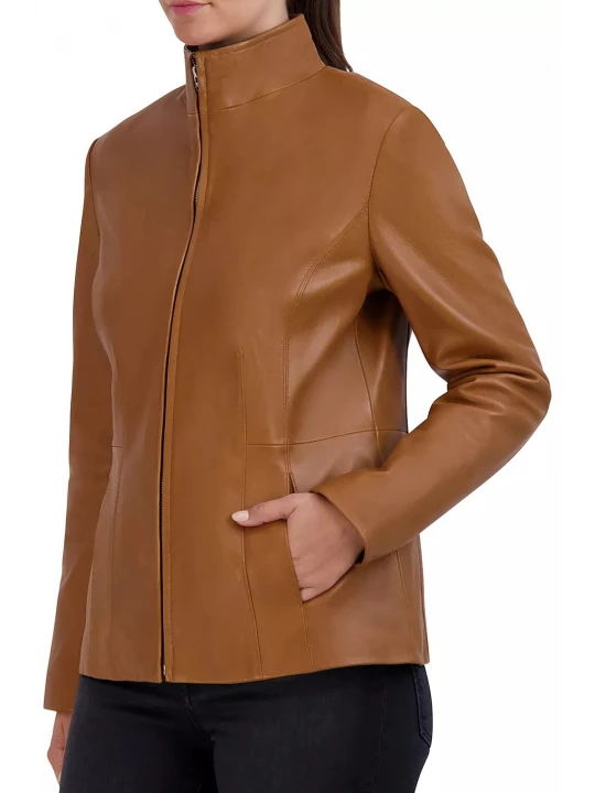Tan Leather Stand Collar Jacket