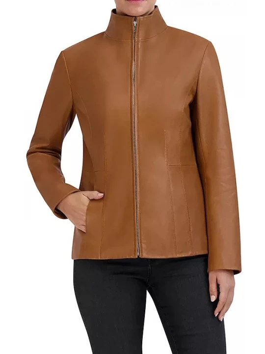 Tan Leather Stand Collar Jacket