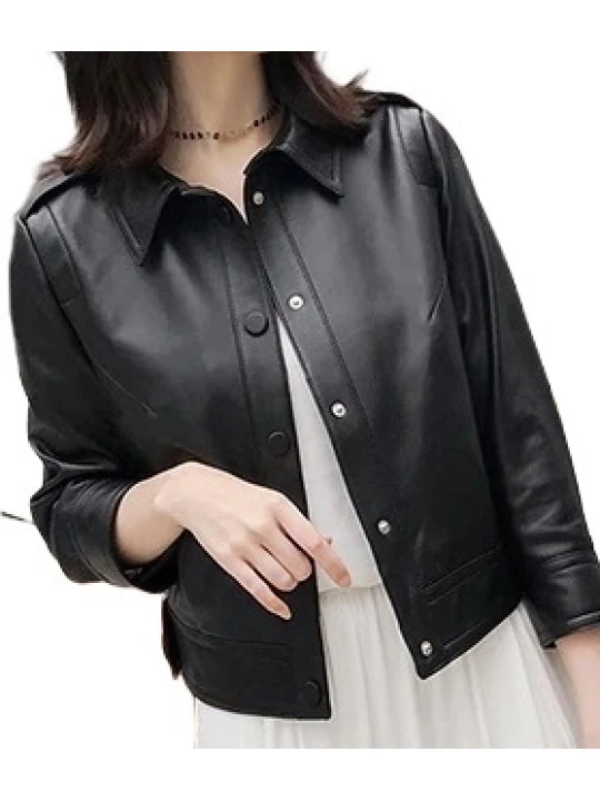 Womens Casual Fashion Genuine Goatskin Black Leather Jacket Coat