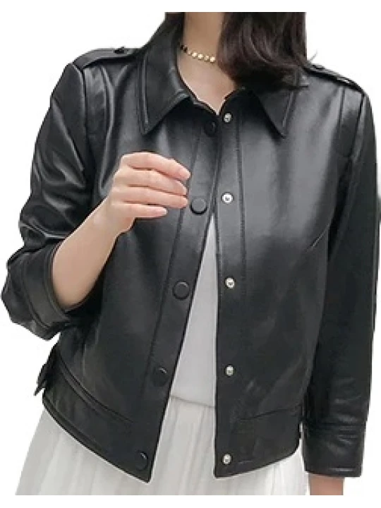 Womens Casual Fashion Genuine Goatskin Black Leather Jacket Coat