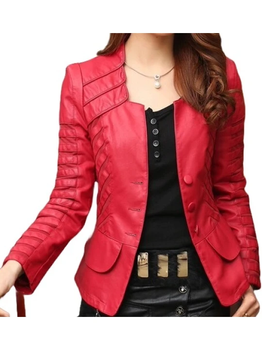 Womens Designer Genuine Lambskin Red Leather Jacket Coat