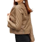 Womens High Fashion Real Sheepskin Beige Leather Jacket Coat