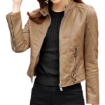 Womens High Fashion Real Sheepskin Beige Leather Jacket Coat