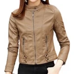 Womens High Fashion Real Sheepskin Beige Leather Jacket Coat