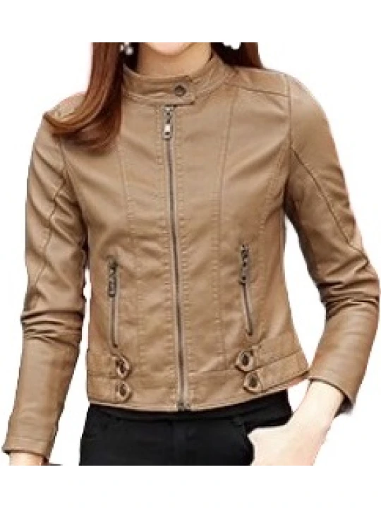 Womens High Fashion Real Sheepskin Beige Leather Jacket Coat