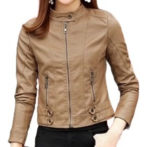 Womens High Fashion Real Sheepskin Beige Leather Jacket Coat