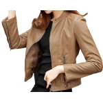 Womens High Fashion Real Sheepskin Beige Leather Jacket Coat