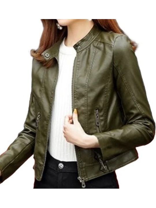 Womens High Fashion Real Sheepskin Olive Green Leather Jacket Coat