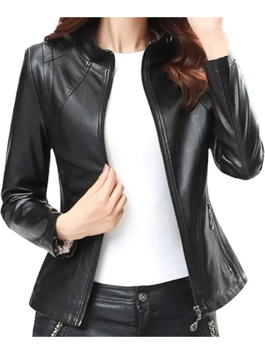 Womens New Fashion Real Sheepskin Black Leather Jacket Coat
