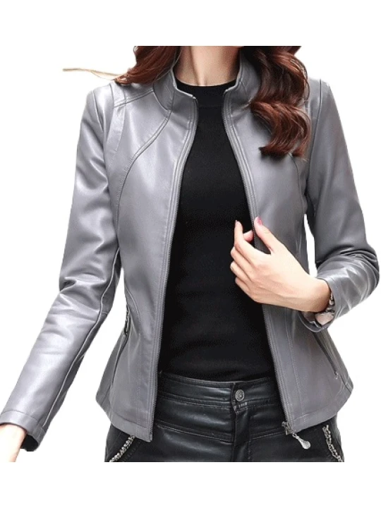 Womens New Fashion Real Sheepskin Gray Leather Jacket Coat