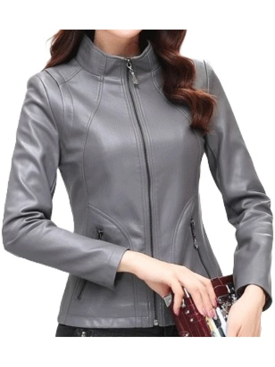 Womens New Fashion Real Sheepskin Gray Leather Jacket Coat