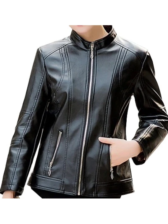Womens New Fashion Original Lambskin Black Leather Jacket Coat