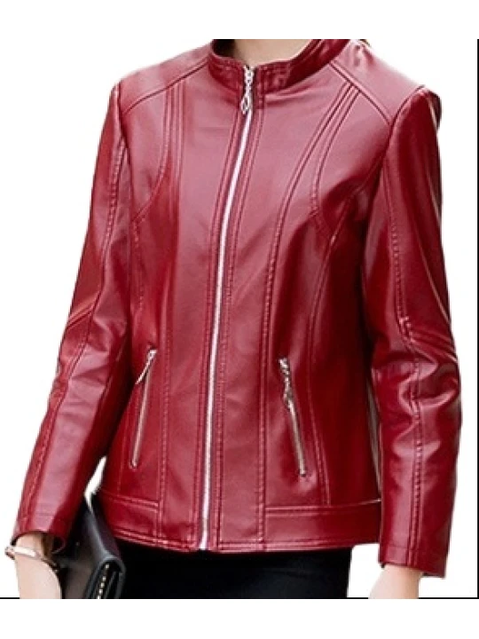 Womens New Fashion Original Lambskin Red Leather Jacket Coat
