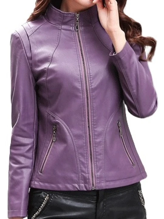 Womens New Fashion Real Sheepskin Purple Leather Jacket Coat
