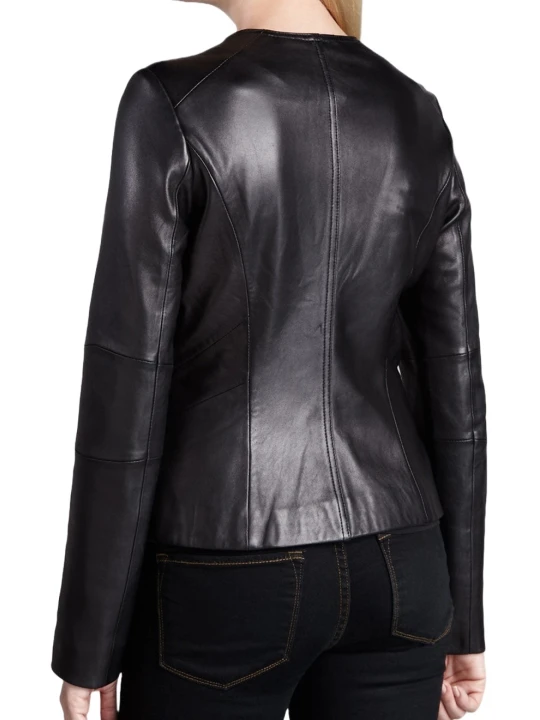 Womens Simple Look Collarless Real Goatskin Black Leather Jacket Coat