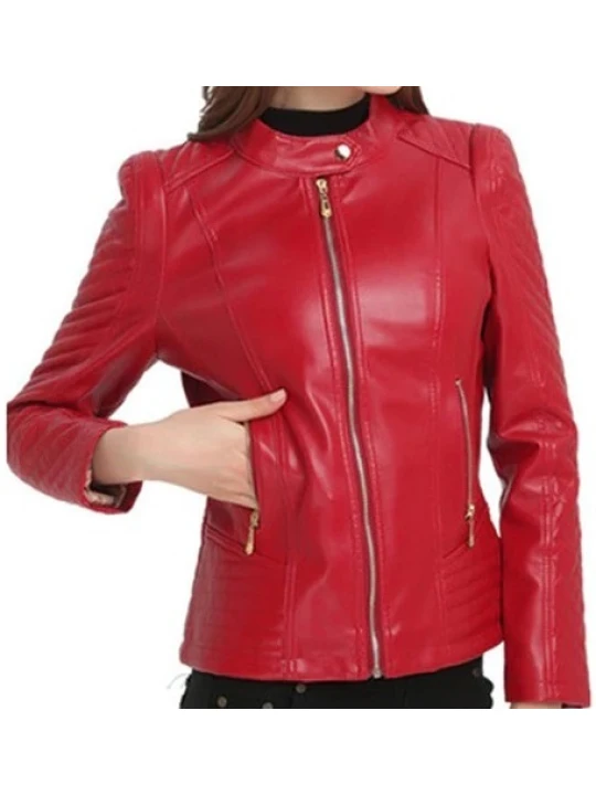 Womens Trendy Real Sheepskin Red Leather Jacket Coat