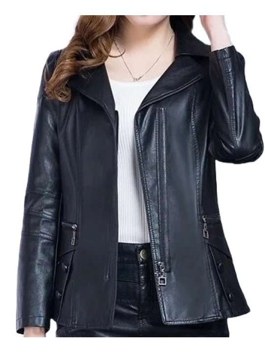 Womens Unique Fashion Real Goatskin Black Leather Jacket Coat