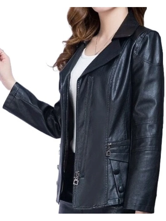 Womens Unique Fashion Real Goatskin Black Leather Jacket Coat