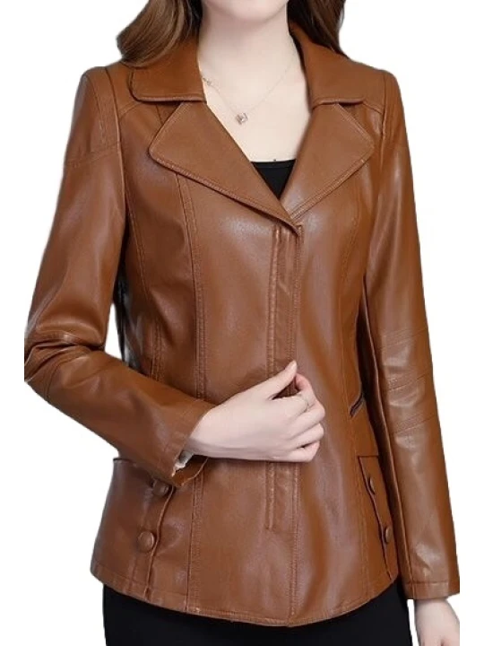 Womens Unique Fashion Real Goatskin Brown Leather Jacket Coat