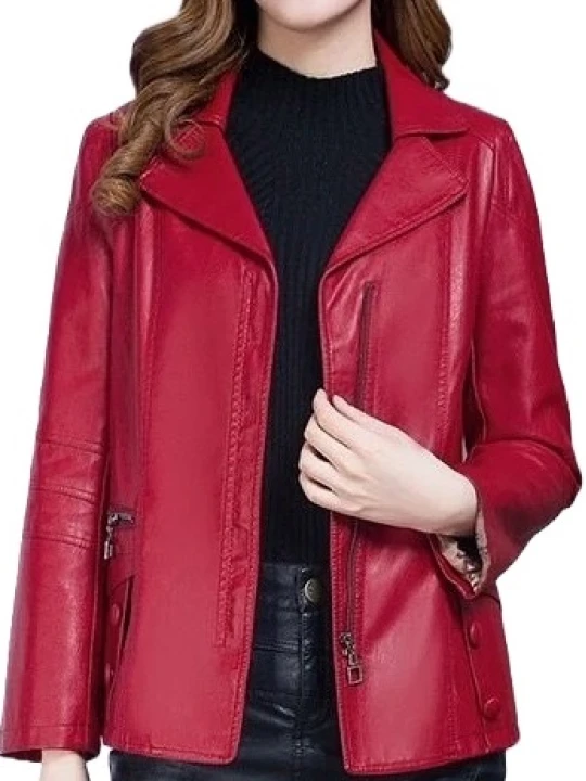 Womens Unique Fashion Real Goatskin Red Leather Jacket Coat