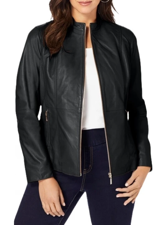 Zip Front Black Leather Jacket