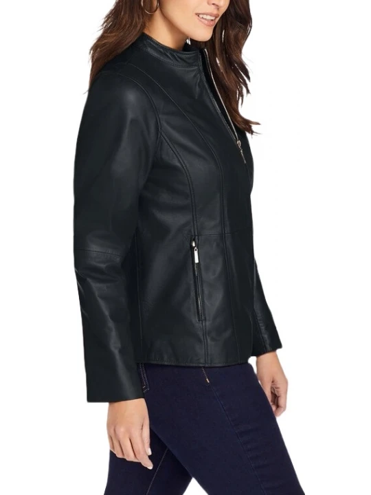 Zip Front Black Leather Jacket