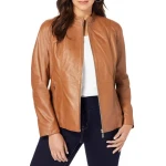 Zip Front Cognac Leather Jacket