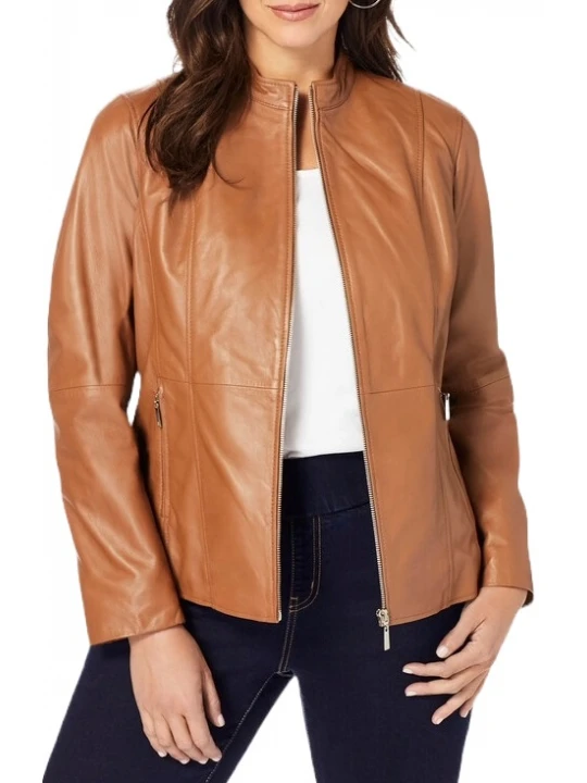 Zip Front Cognac Leather Jacket