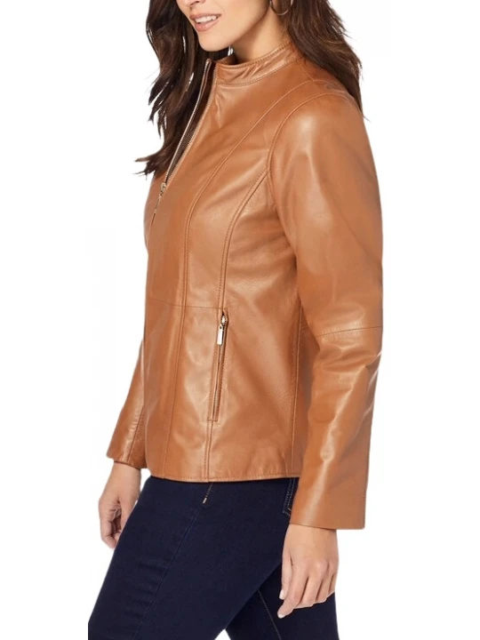Zip Front Cognac Leather Jacket