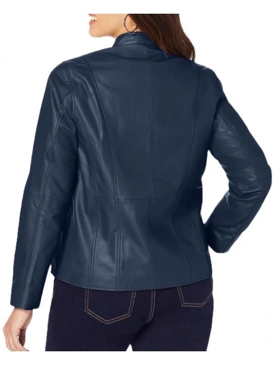 Zip Front Navy Blue Leather Jacket