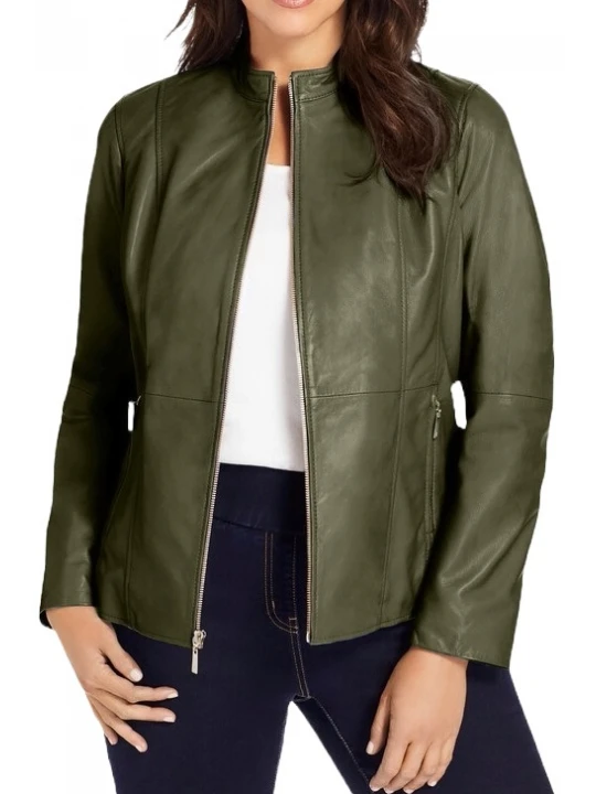 Zip Front Olive Green Leather Jacket