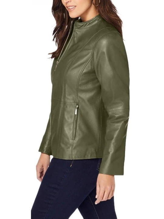 Zip Front Olive Green Leather Jacket