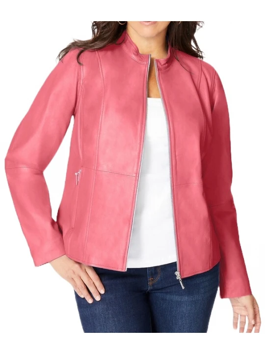 Zip Front Pink Leather Jacket
