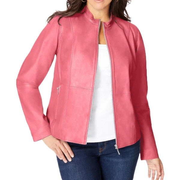 Zip Front Pink Leather Jacket