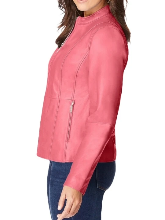 Zip Front Pink Leather Jacket