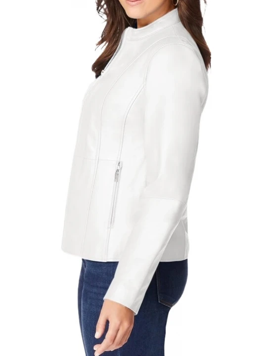 Zip Front White Leather Jacket