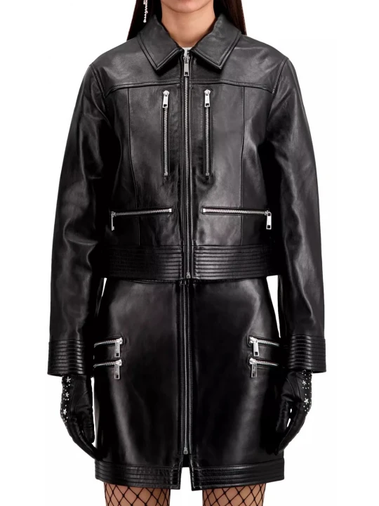 Zipper Pockets Black Leather Jacket